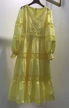 Aukščiausios Kokybės Medvilnės Suknelė 2022 M. Rudens Žiemos Stiliaus Moterų V-Kaklo, Nėriniai Siuvinėjimo Ilgomis Rankovėmis-Line Atsitiktinis Mėlyna Geltona Suknelė