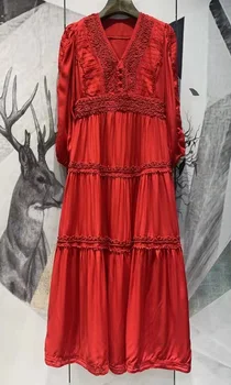 Bohemijos Ilga Suknelė 2022 Vasaros Mados Stiliaus Moterų V-Kaklo Aplikacijos Gėlių Siuvinėjimas Ilgomis Rankovėmis Balta Raudona Maxi Suknelė Medvilnės