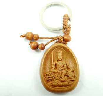 Natūralus raudonmedis trimatis graviravimas Patrona medienos keychain Buda raktų žiedas papuošalai, dovana, vyrams ir moterims 1pc