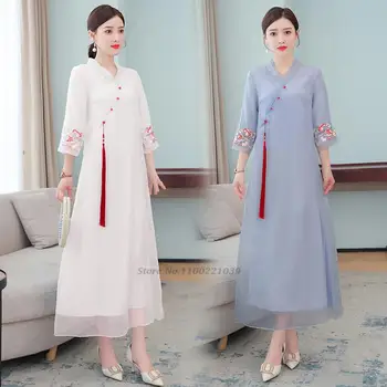 2022 tradicinės kinų moterų suknelė nacionalinės nėrinių cheongsam azijos suknelė elegantiškas gėlių siuvinėjimas qipao elegantiškas šalis suknelė
