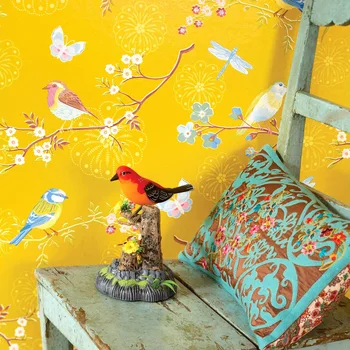 Amerikos tapetai sielovados gėlės ir paukščiai mažų šviežių gėlių tapetai mėlyna geltona paprasta šiuolaikinio gyvenimo kambario sienos fone