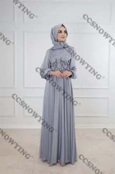 Appliques Ilgomis Rankovėmis Musulmonų Vakaro Suknelės Šifono Islamo Hijab Oficialią Šalies Suknelė Aukštu Kaklu Arabų Dubajus Chalatas De Soiree
