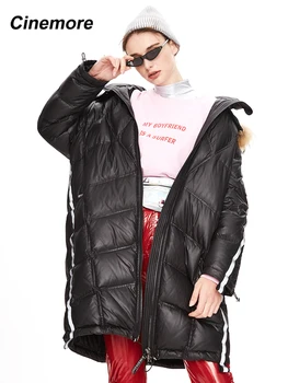 Cinemore 2022 m. Žiemos naujas atvykimo moteris žemyn striukė su kailio apykakle mados stilius su gobtuvu ilgos žiemos drabužių moterims K9071