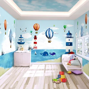 Custom 3D drobės, freska vaikų kambarys vandenyno švyturio karšto oro balionu, verslo, šeimos miegamasis foną