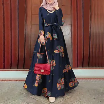 Kaftan Moterų Spausdinti Sundress Elegantiškas Gėlių Musulmonų Suknelė Turkija Abaja Hijab Vestidos Juostinės Moterų Islamas Drabužių Skraiste