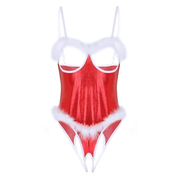 Moterų Moterų Blizga Metalo Kalėdų Kostiumai, Apatinis Trikotažas Egzotinių Teddies Bodysuit Atviros Taurės Crotchless Leotard Naktiniai Drabužiai Sleepwear