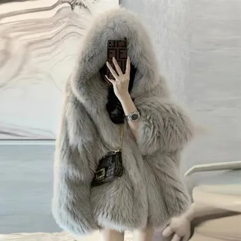 Naujas Gobtuvu Fox Fur Coat 2021 M. Rudenį, Žiemą Moterų Prarasti korėjos Imitacija Audinės Kailio Striukė Sobretudo Feminino Paltai moterims C438