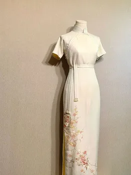 Prancūzijos Šviesą Mašina Siuvinėjimo Pagerėjo Cheongsam Suknelė Moterims 2022 Naujas Stovėti Apykaklės Suknelė