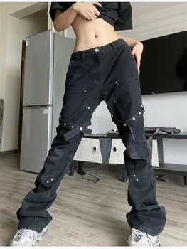 QWEEK Harajuku Black Jeans Gotikos Streetwear Hip-Hop Pločio Kojų Džinsinio audinio Kelnės Negabaritinių Hipių Punk Vaikinu Stilius Baggy Kelnės