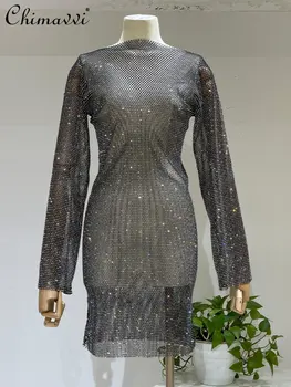 Visų Rungtynių Mados Deimantų-Įterptųjų Suknelė Moterų Vidutinio Ilgio ilgomis Rankovėmis Slim-Fit išjungta-Kaklo Hollow-out Kostiumai Vintage Suknelė
